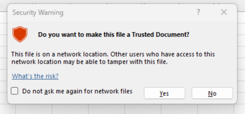 Pop up asking if you wish to make file a Trusted Document.